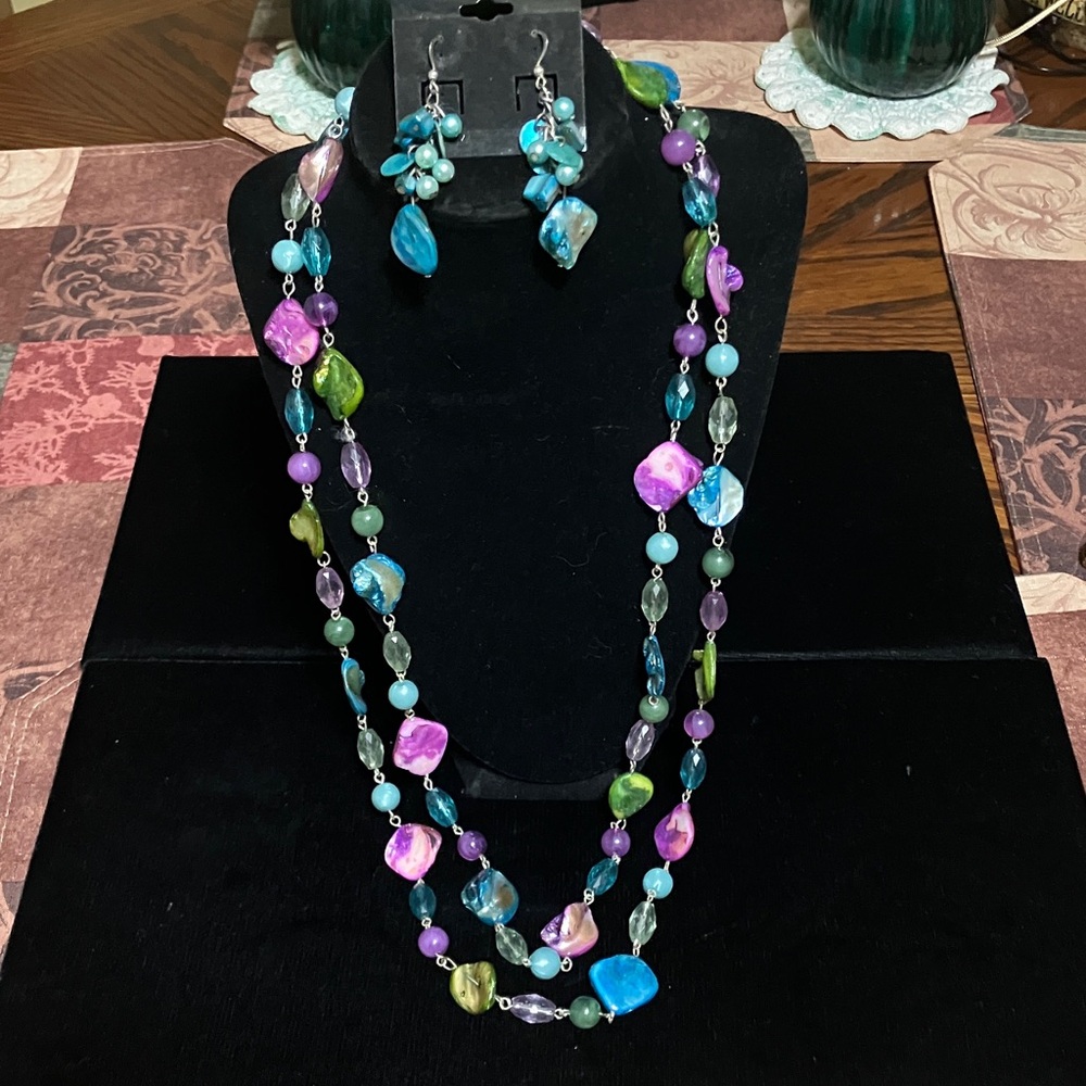 Colorful Glass Bead Necklace and Earrings Set - Multicolor
